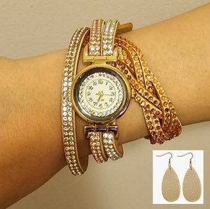 Rose Gold Faux Leather Rhinestone Quartz Wrist Watch & Boho Teardrop Earrings